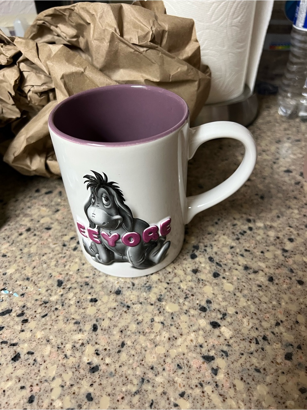 Disney Eeyore Ceramic Mug White with Purple Interior and Pink Lettering
